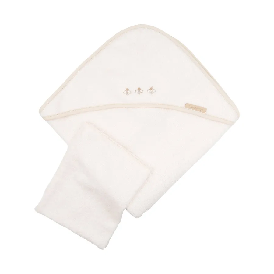 Bamboom Duo Bees Badcape + Washand – 75x75 cm – Off White
